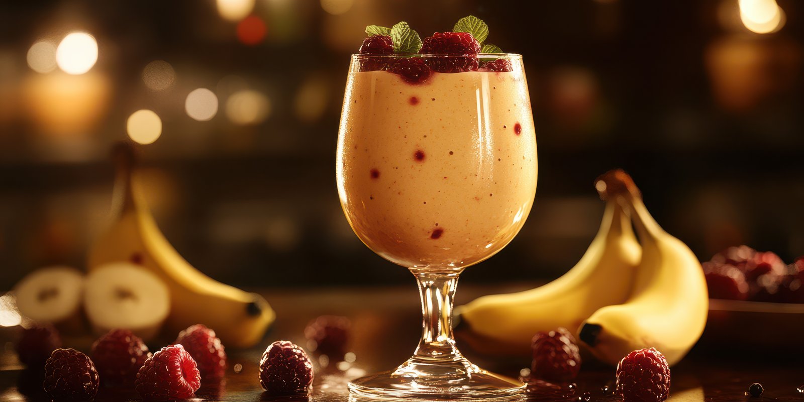 Delicious fruit smoothie with raspberries and bananas served in a glass on a wooden table